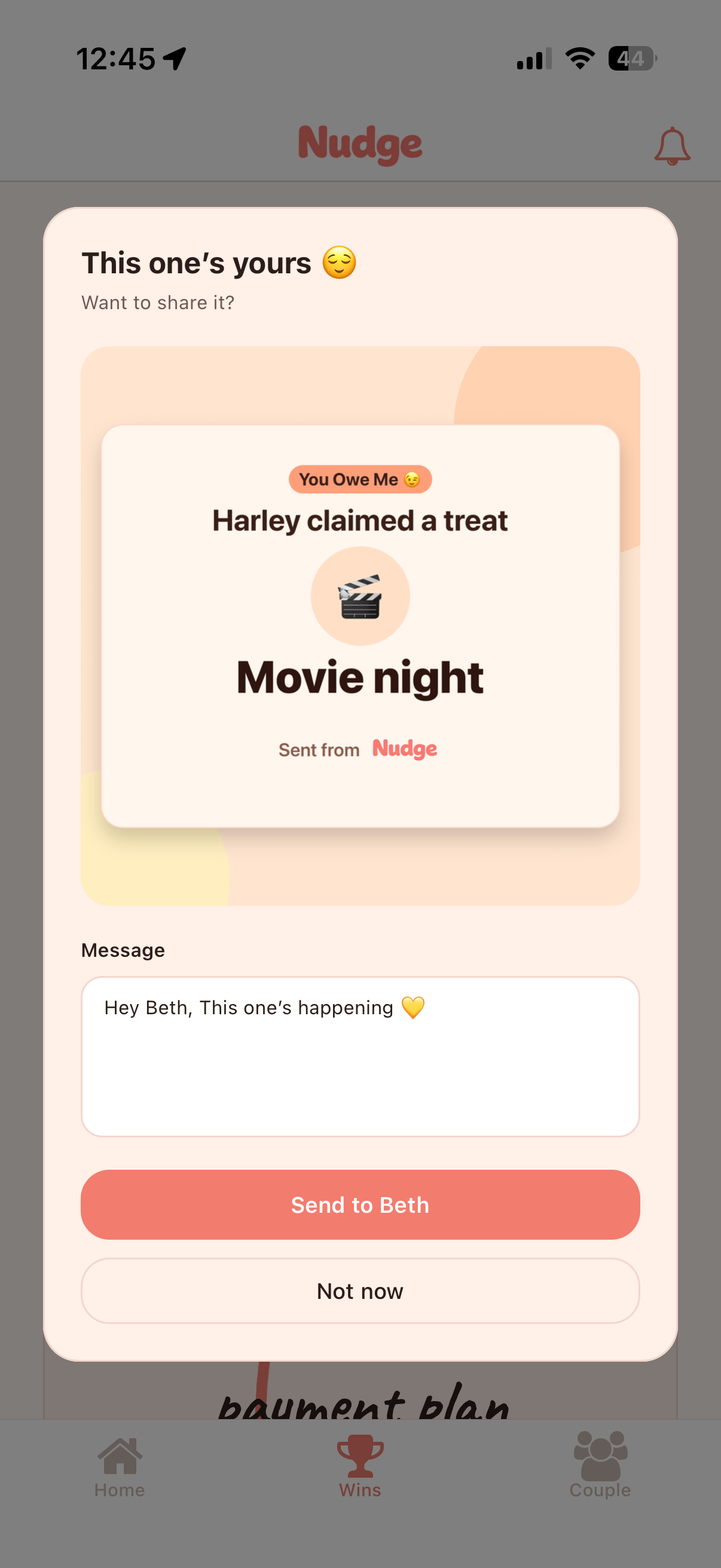 nudge reward claiming and sharing screen