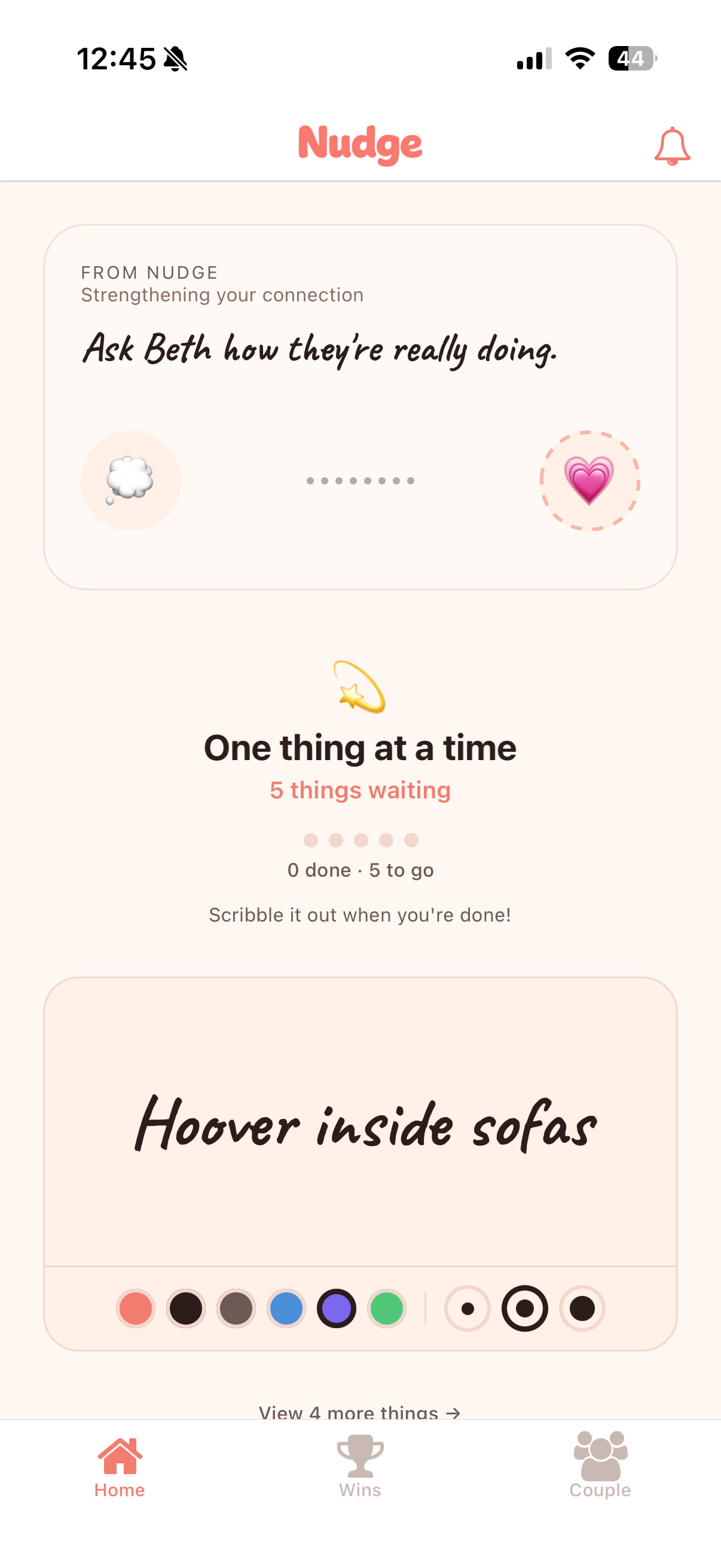 nudge home screen showing daily nudge and task queue